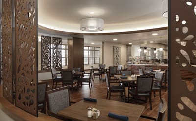 Dining room with modern decor and seating