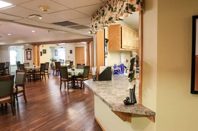 Interior view of a dining room area with tables