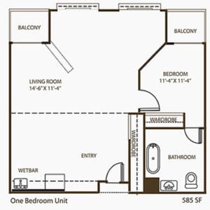 Architectural floor plan of a one-bedroom unit