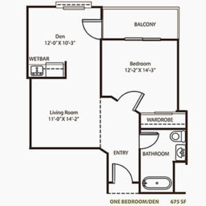 Architectural floor plan of a one-bedroom unit