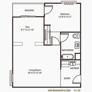 Architectural floor plan of a one-bedroom unit
