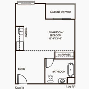 Architectural floor plan of a studio unit