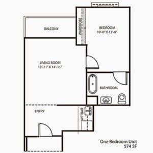 Architectural floor plan of a one-bedroom unit