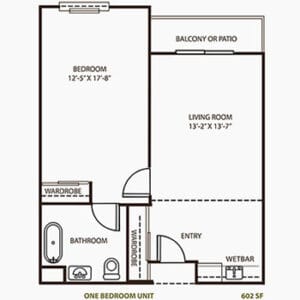 Floor plan of a one bedroom unit