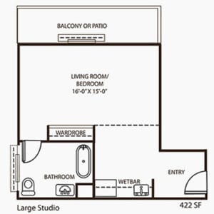 Architectural floor plan of a large studio apartment