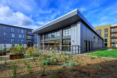 Exterior view of Enso Village with landscaping