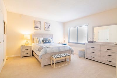 Brightly decorated bedroom in a senior living facility