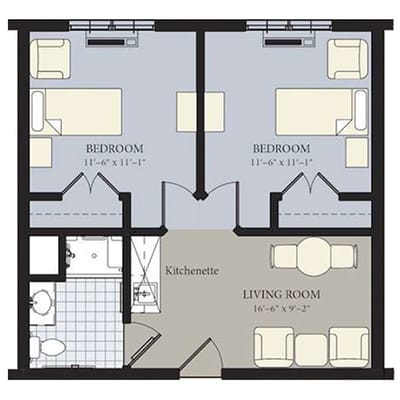 Architectural floor plan of a two-bedroom unit