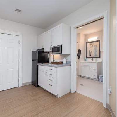 Interior view of a kitchenette in a resident room