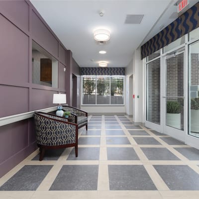 Interior view of a corridor with seating area