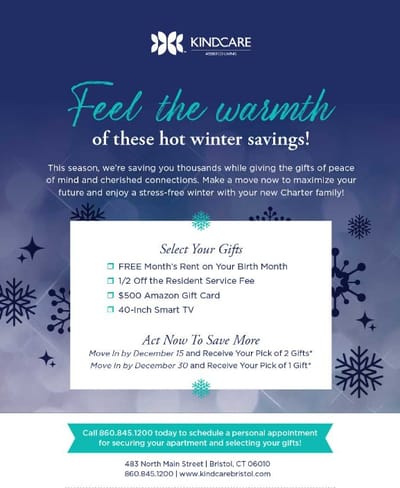 Promotional graphic with facility branding and offers