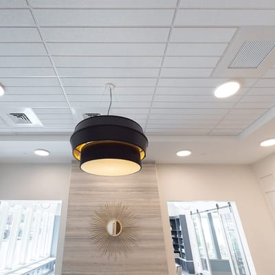 Interior view of a facility common area with lighting