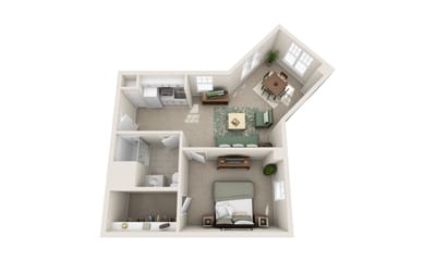 Architectural floor plan of a one-bedroom unit