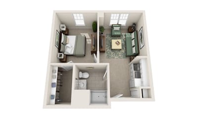 Floor plan of a one-bedroom senior living unit