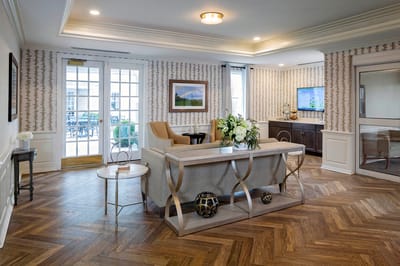 Bright lobby area with seating and decor