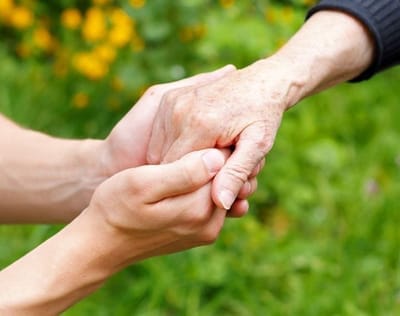 Two hands holding each other in a garden