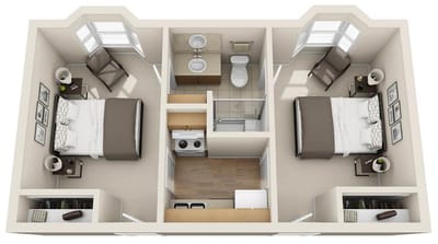Floor plan of a shared living unit with two bedrooms