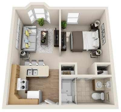 Layout of a one-bedroom apartment in a senior living facility