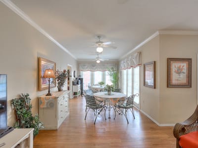 Bright and inviting common area with seating