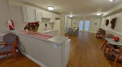Bright common area with festive decorations