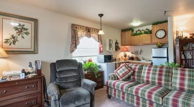 Cozy living room with a plaid sofa and kitchen area