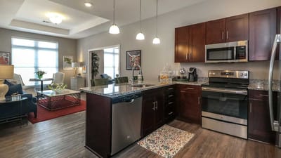 Modern kitchen and living area in a senior living apartment