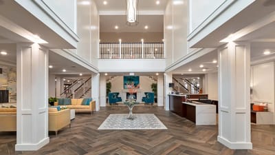 Bright and spacious lobby area with seating