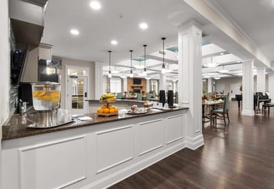 Bright interior dining area with buffet and seating
