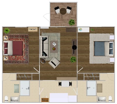 Floor plan of a private resident unit with living area and bathrooms