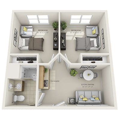 Architectural floor plan of a two-bedroom unit