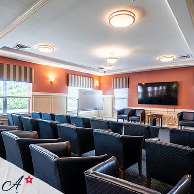 Interior view of a common area with seating