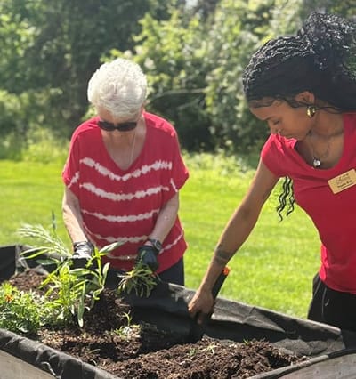Residents gardening in a sunny outdoor area
