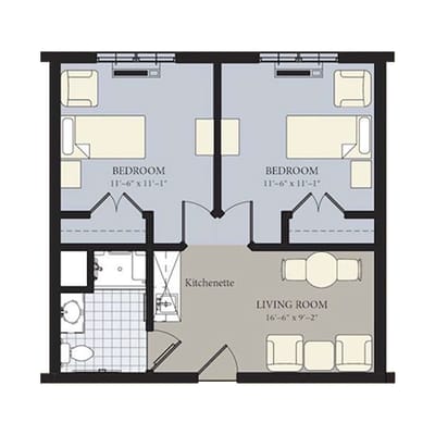 Floor plan layout of a two-bedroom apartment