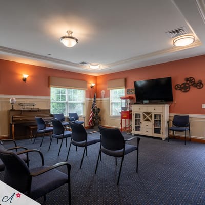 Common area with chairs arranged for an activity