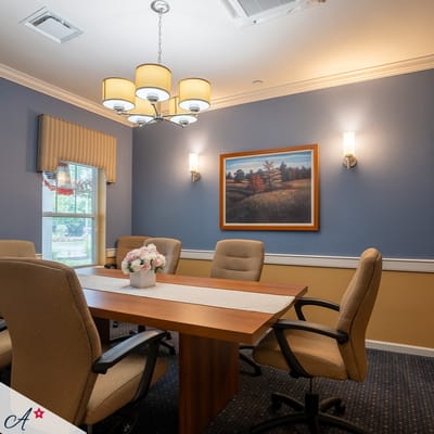 Bright and well-decorated common area meeting room