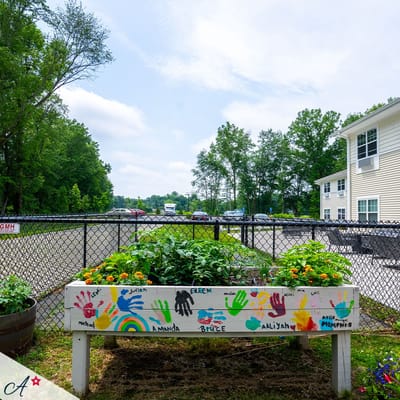 A garden with colorful flowers and painted handprints