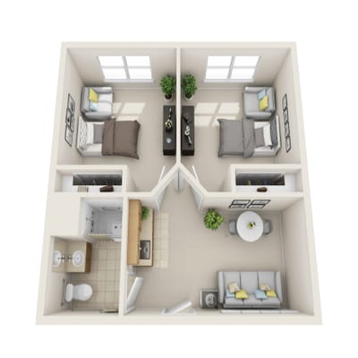 Architectural floor plan of a two-bedroom unit