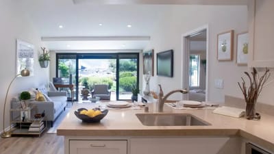 Interior view of a modern living space with outdoor visibility