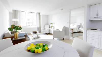 Bright, modern interior of a living space with a dining table
