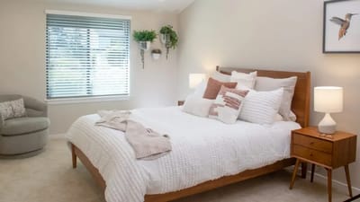 Well-decorated bedroom in a senior living facility