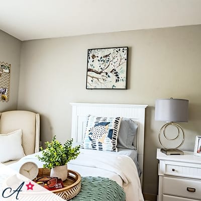 Cozy bedroom with a plant and artwork