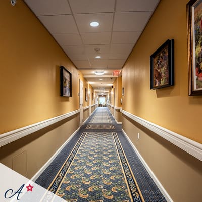 Hallway with paintings on the walls and patterned carpet