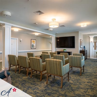 Interior view of a common area with seating