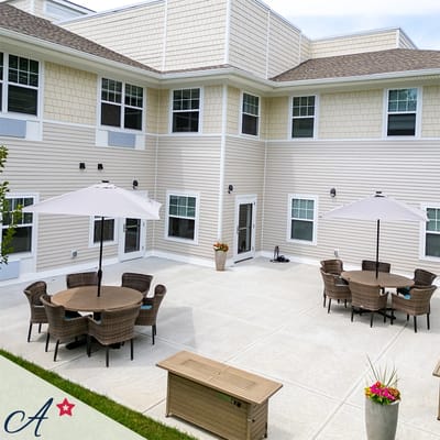 Outdoor seating area with umbrellas in the courtyard