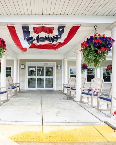 Entrance area with seating and patriotic decorations