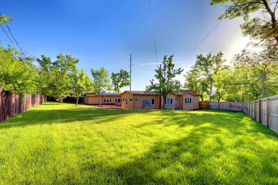 Well-maintained outdoor space with green lawn and trees