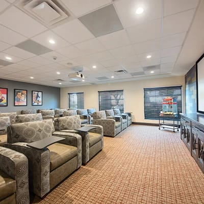 Interior view of a cozy common area with seating