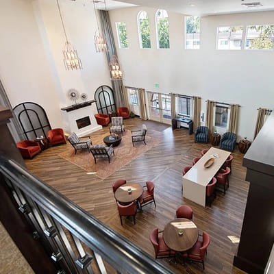 Bright and spacious common area with seating