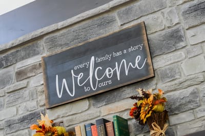 Welcome sign in a cozy common area