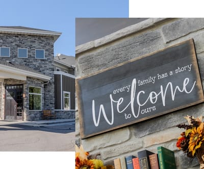 Exterior shot of Riverway Assisted Living with welcome sign